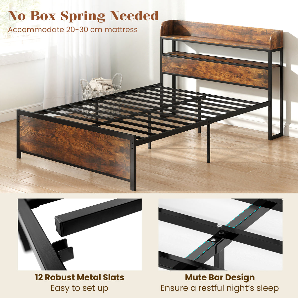 LED Bed Frame with Power Outlets and Storage Headboard