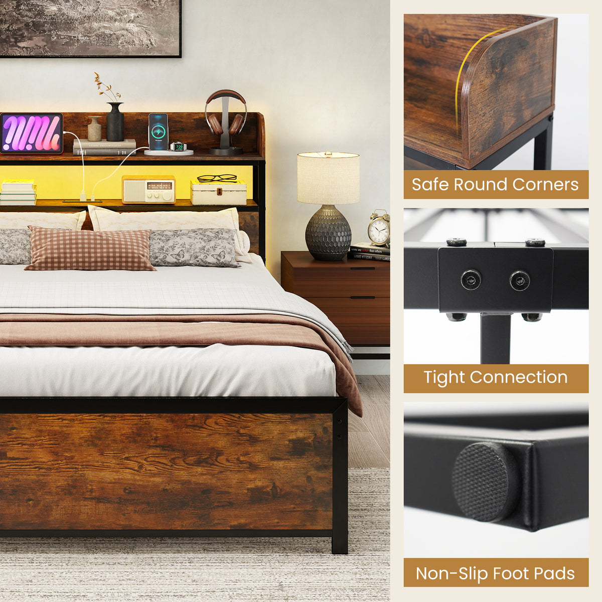 LED Bed Frame with Power Outlets and Storage Headboard