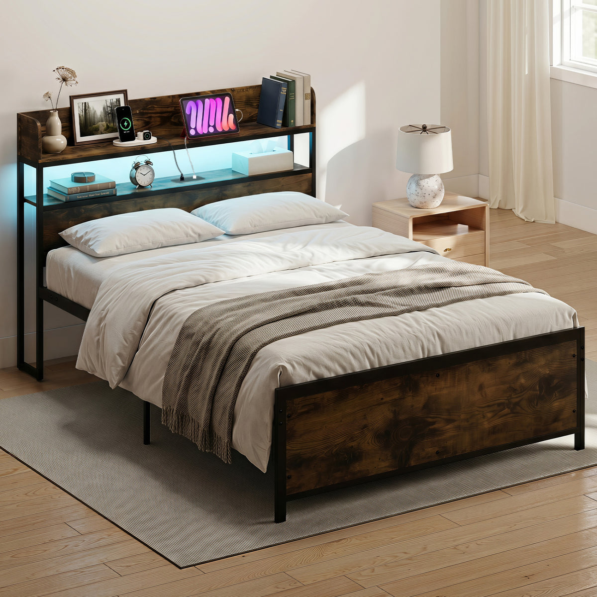 LED Bed Frame with Power Outlets and Storage Headboard