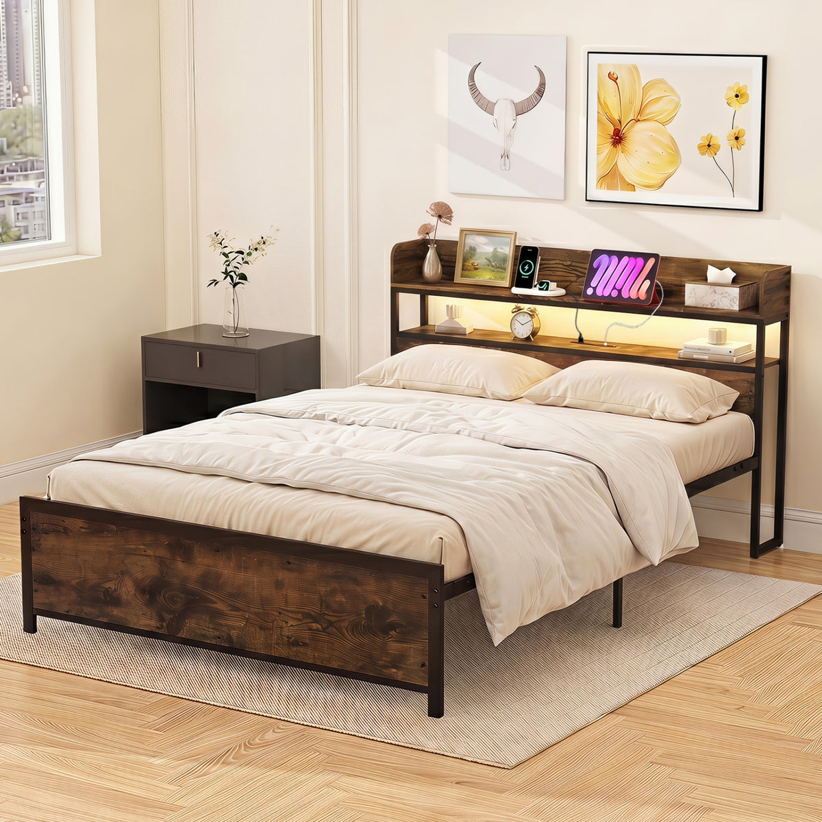 LED Bed Frame with Power Outlets and Storage Headboard