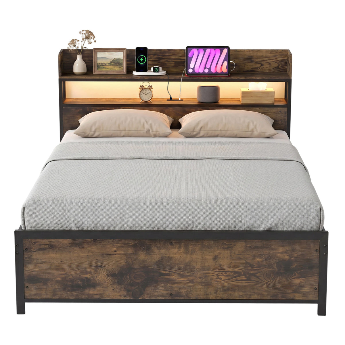 LED Bed Frame with Power Outlets and Storage Headboard