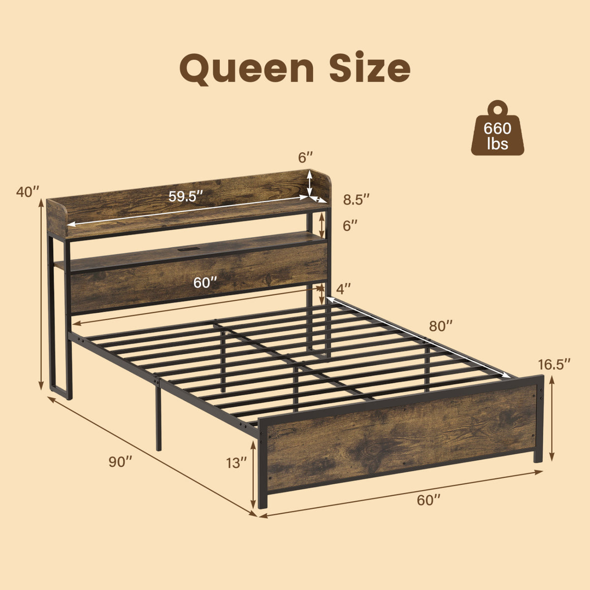 LED Bed Frame with Power Outlets and Storage Headboard