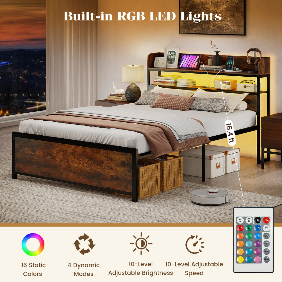LED Bed Frame with Power Outlets and Storage Headboard