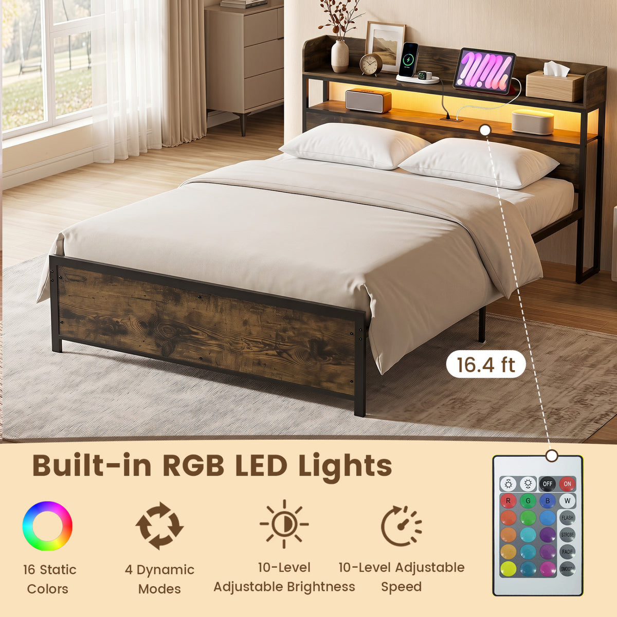 LED Bed Frame with Power Outlets and Storage Headboard