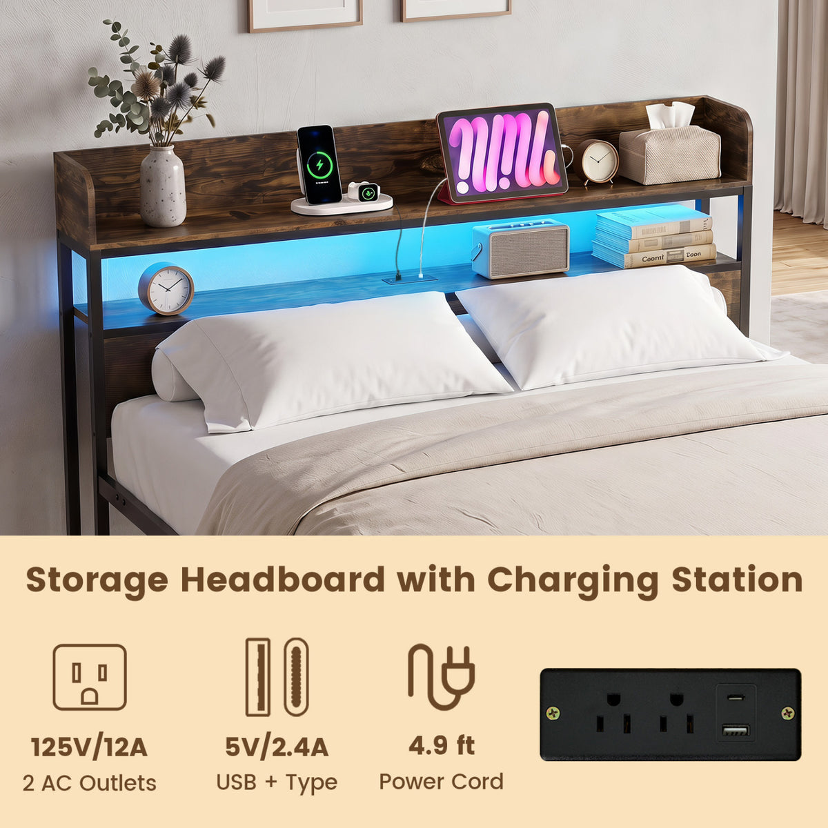 LED Bed Frame with Power Outlets and Storage Headboard