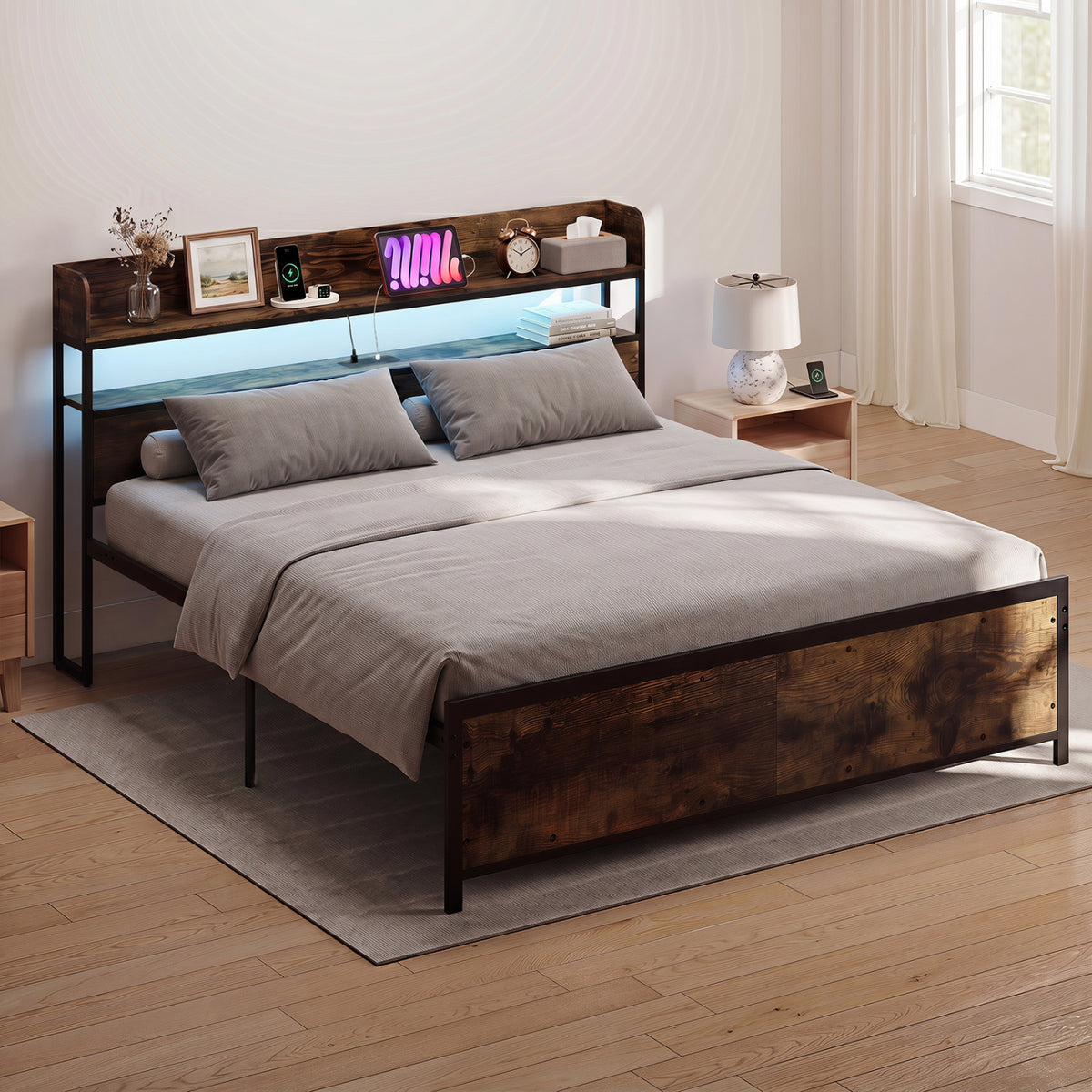 LED Bed Frame with Power Outlets and Storage Headboard