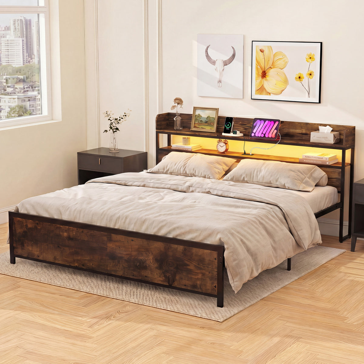 LED Bed Frame with Power Outlets and Storage Headboard