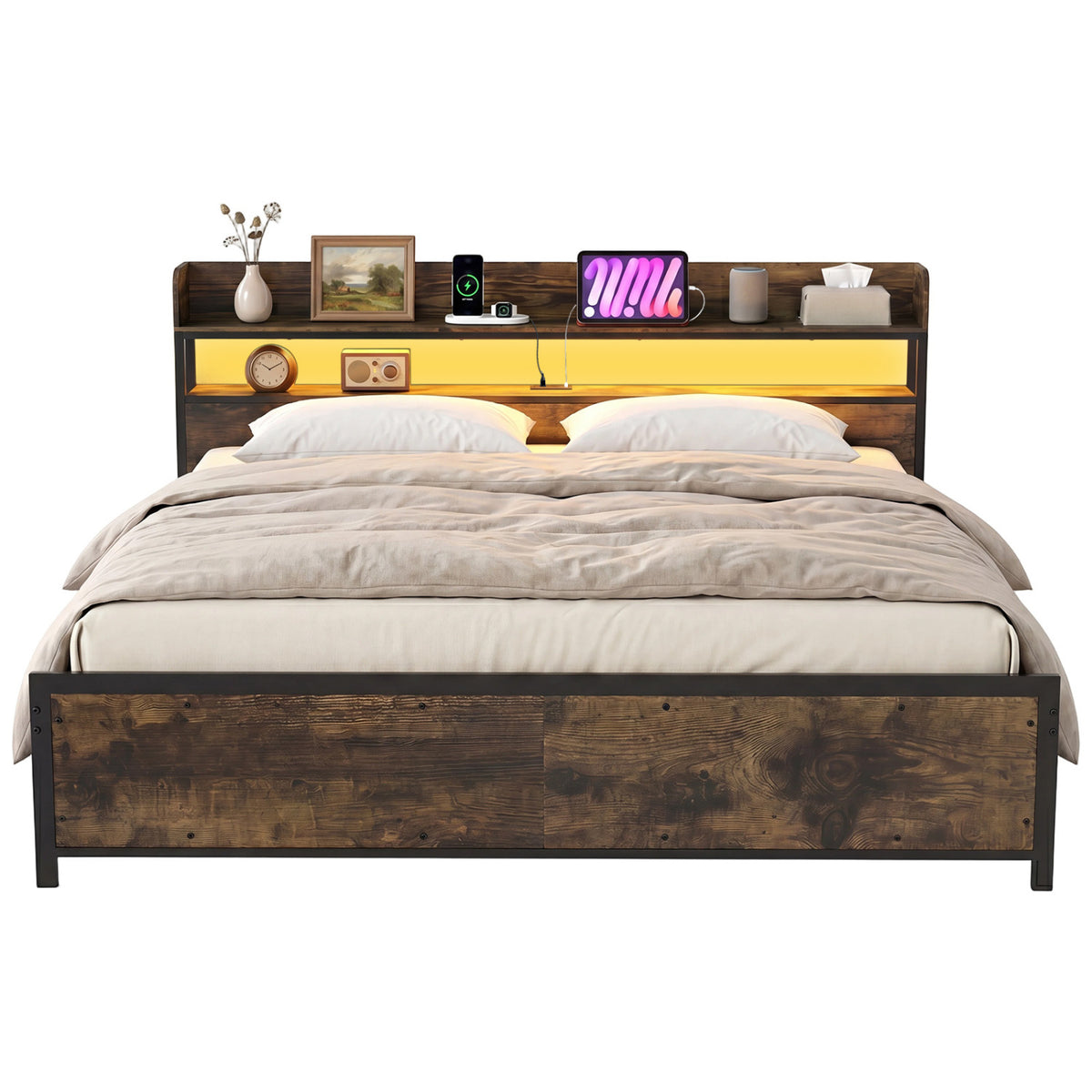 LED Bed Frame with Power Outlets and Storage Headboard