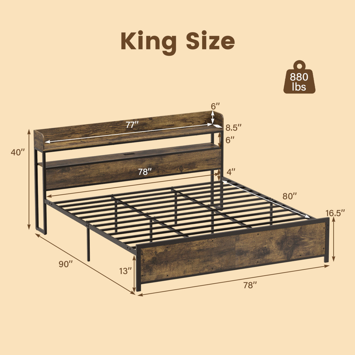 LED Bed Frame with Power Outlets and Storage Headboard