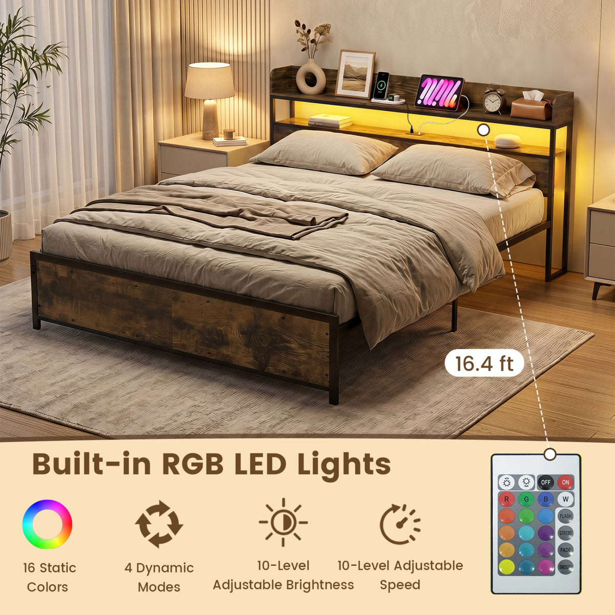 LED Bed Frame with Power Outlets and Storage Headboard