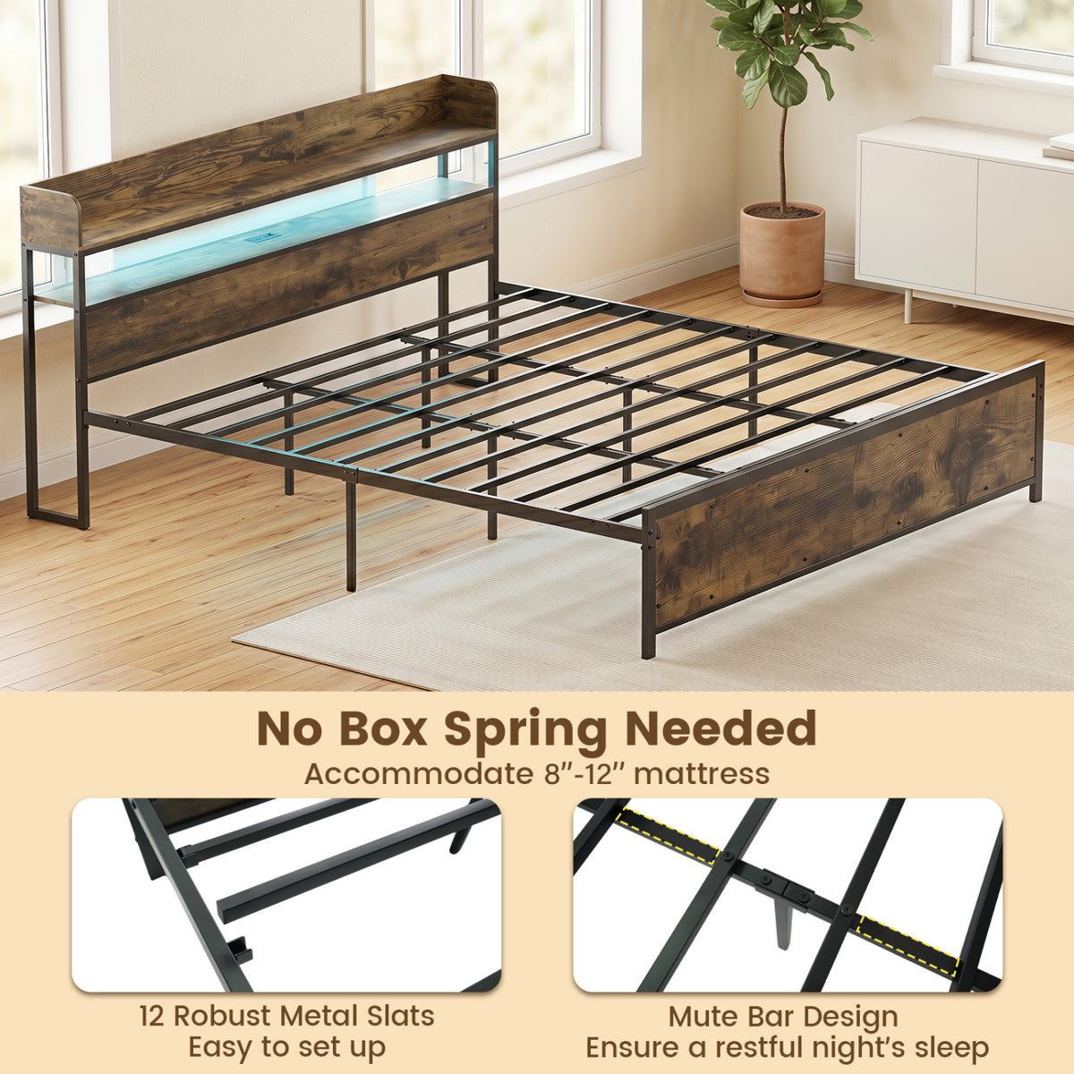 LED Bed Frame with Power Outlets and Storage Headboard