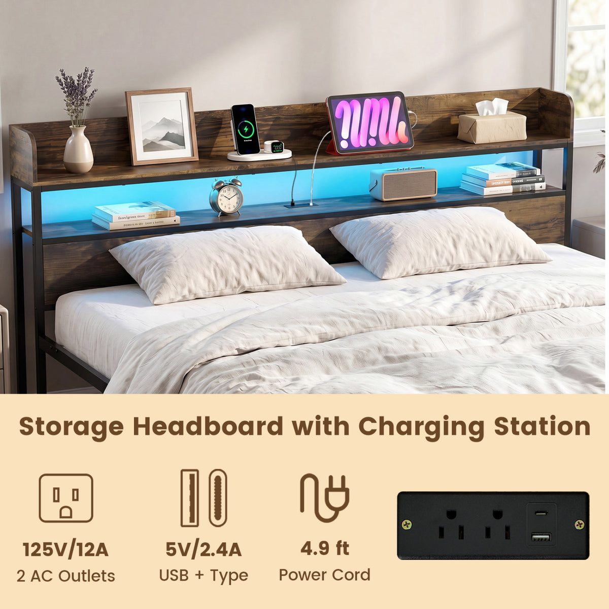 LED Bed Frame with Power Outlets and Storage Headboard