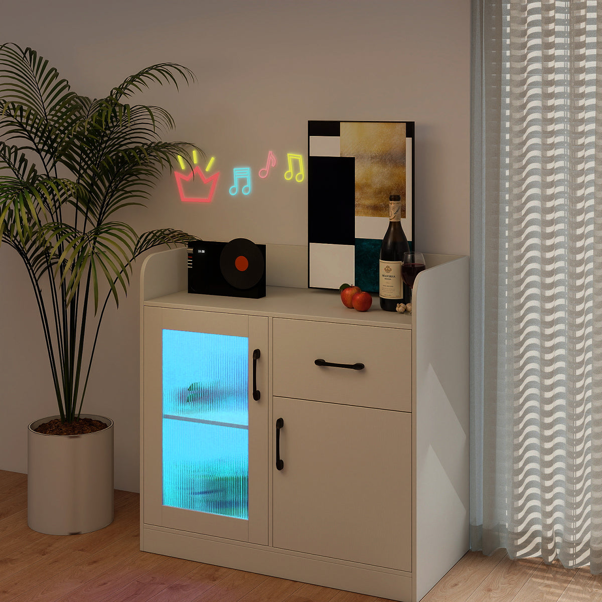 LED Buffet Sideboard with Charging Station with Drawer and Translucent Fluted Door-White