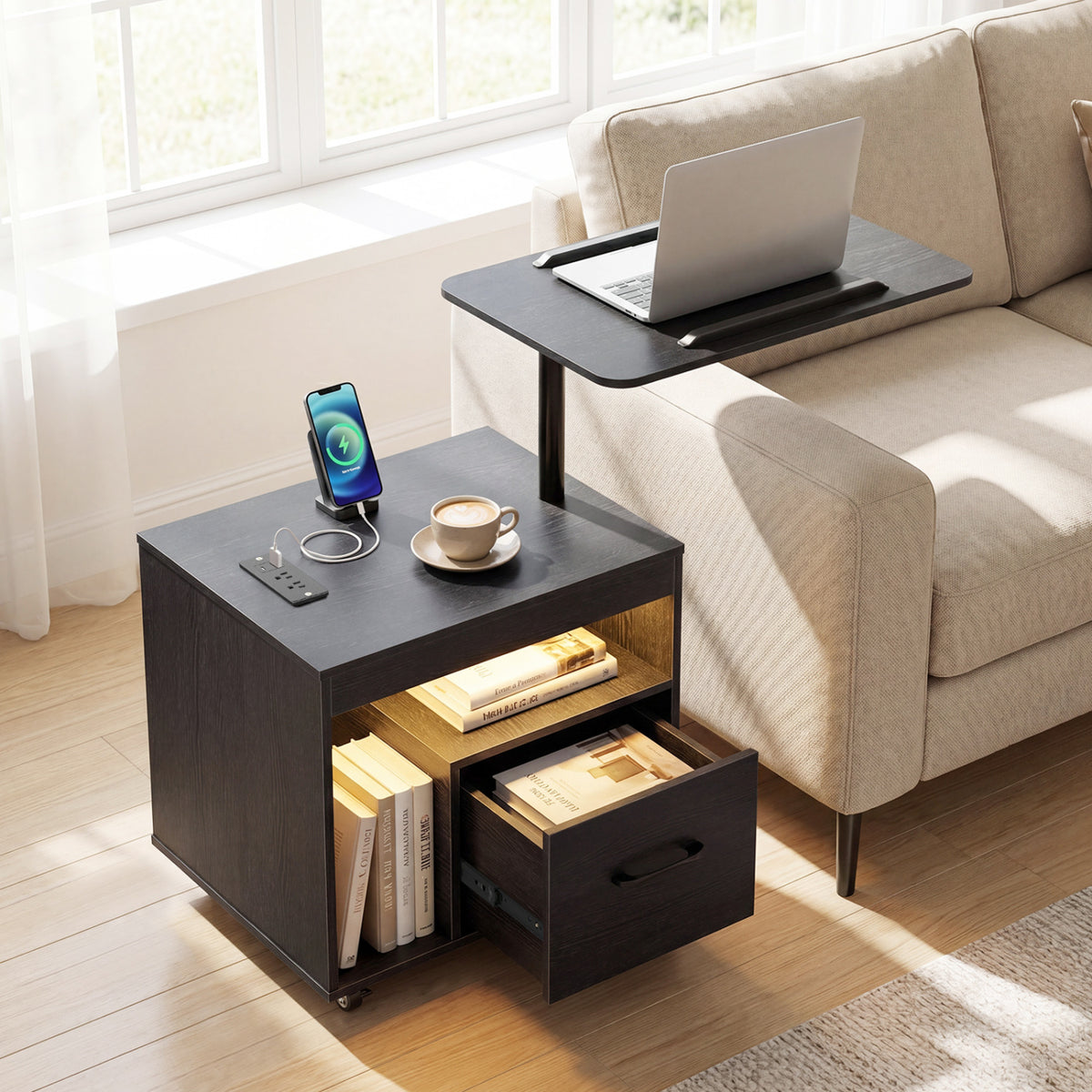 LED Nightstand with Power Outlets Modern Bedside Table with Flip over