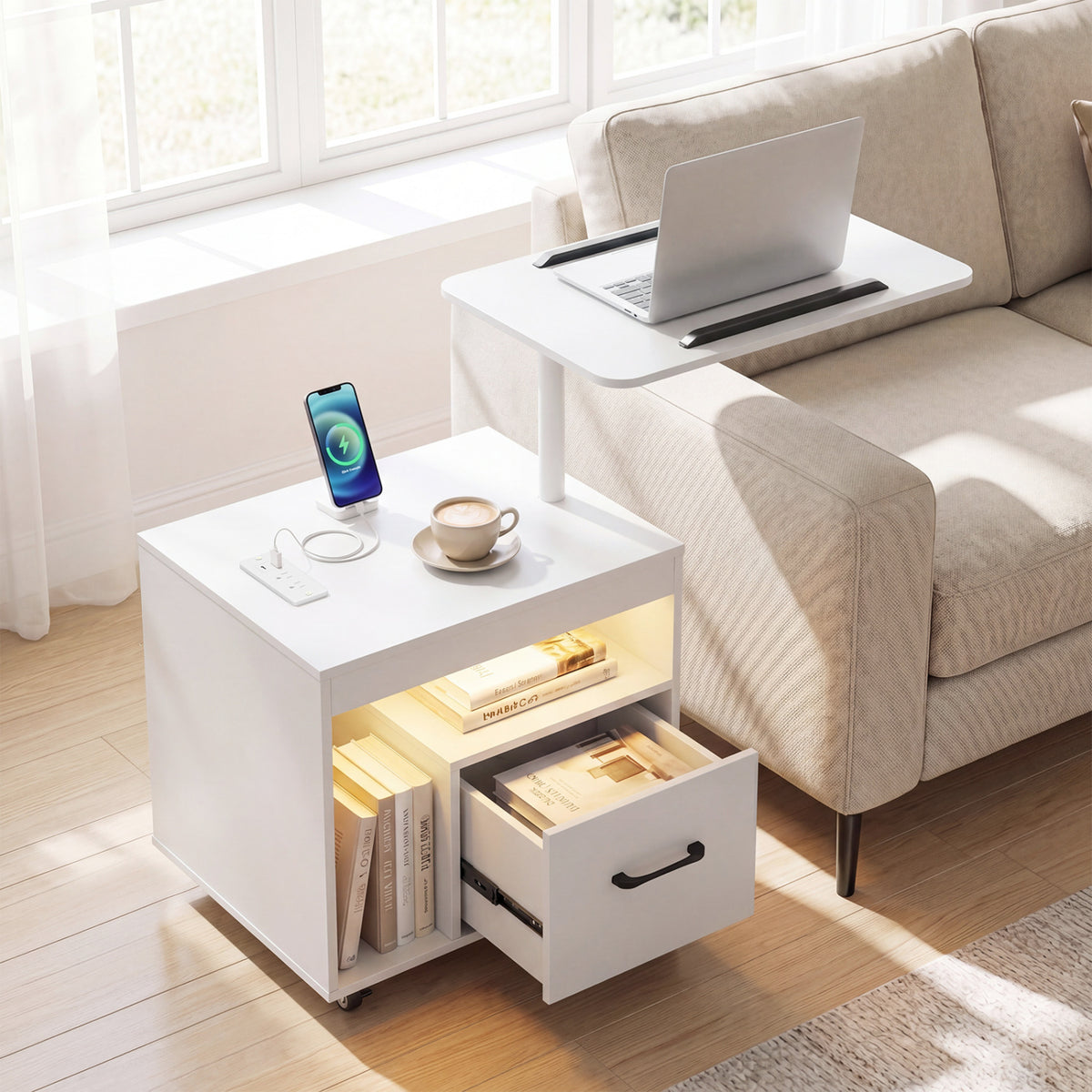 LED Nightstand with Power Outlets Modern Bedside Table with Flip over