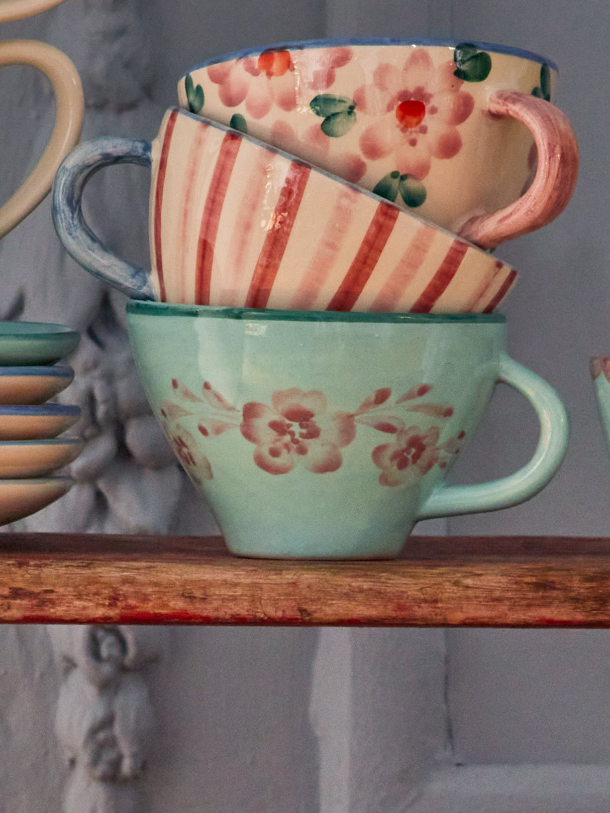 Ceramic Tea Cup with Hand Painted Soft Pink Flower Vine - 5.0 oz