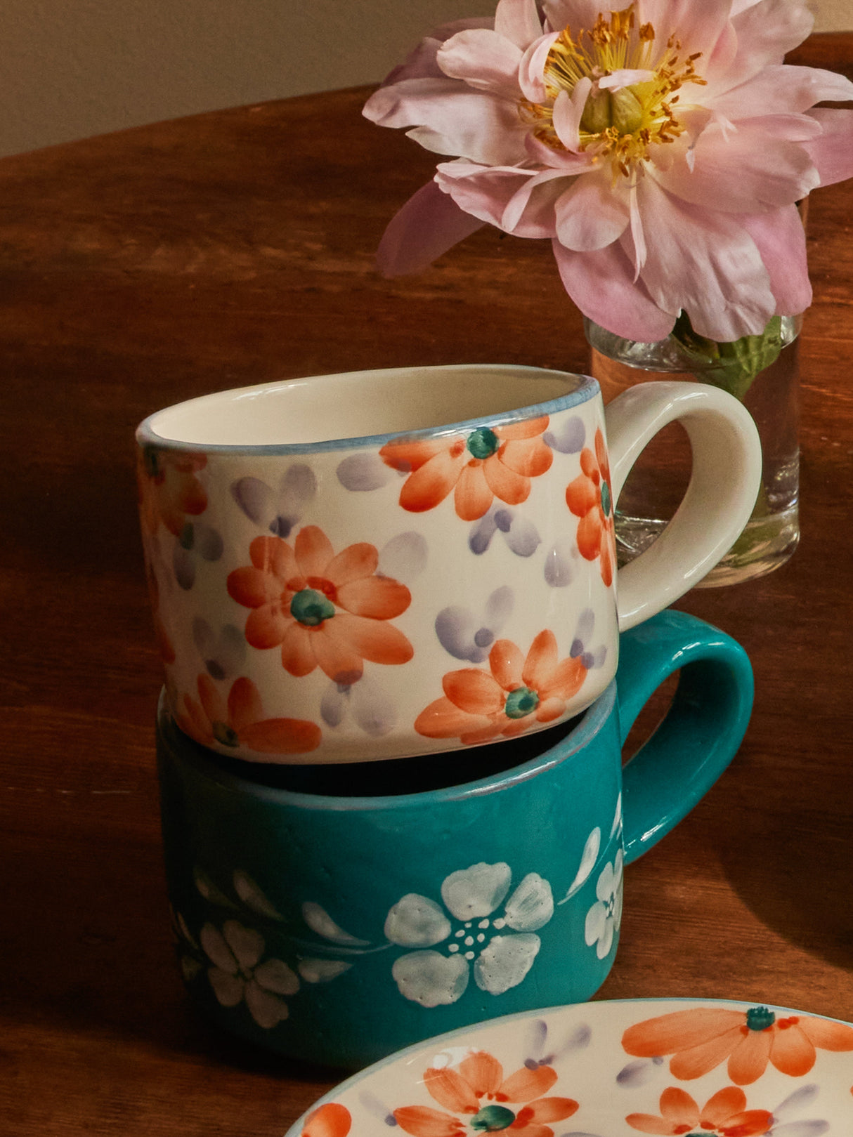 Ceramic Cappuccino Cup with Hand Painted White Flowers Vine - 6.7 oz