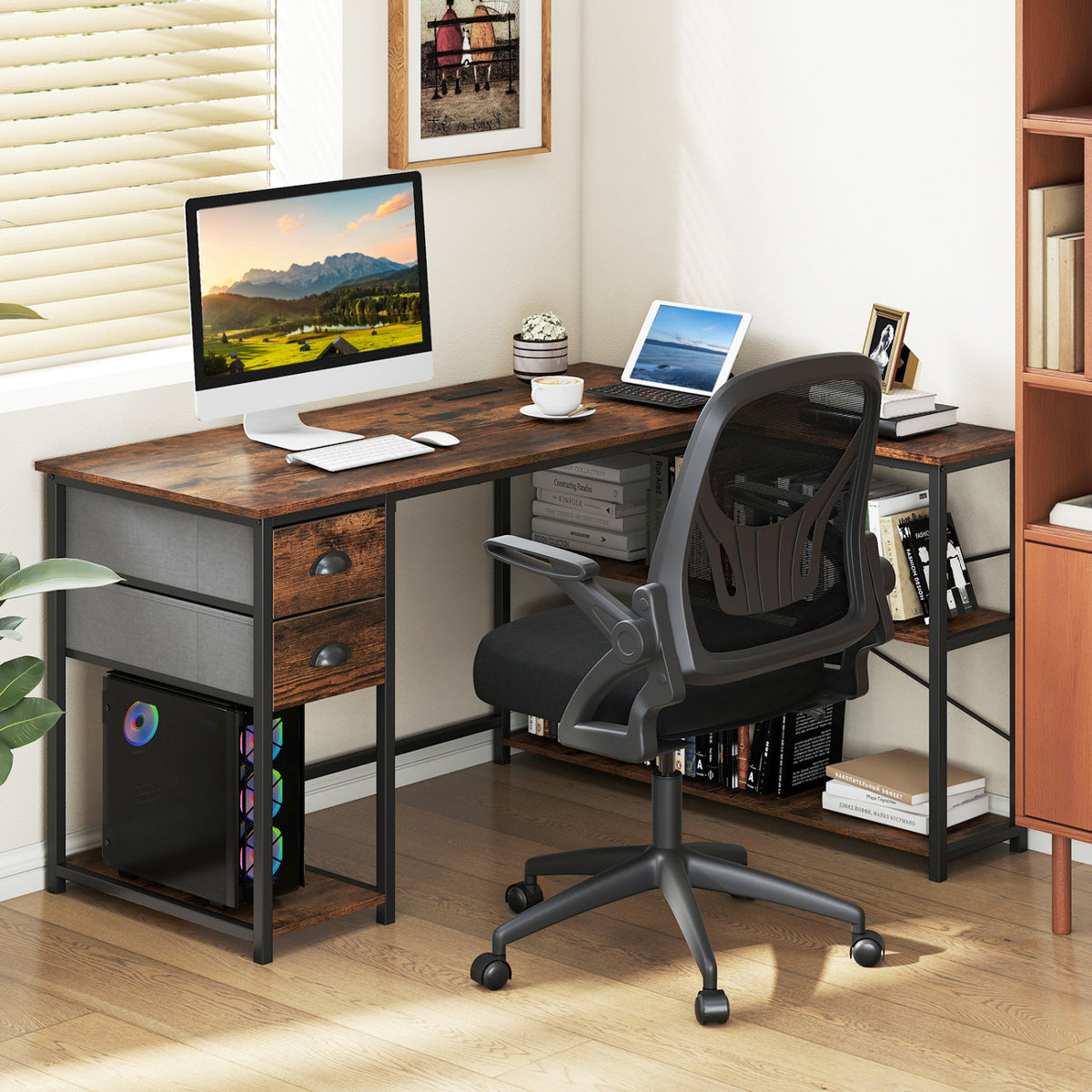 L Shaped Desk with Charging Station Corner Computer Desk with 2 Fabric Drawers