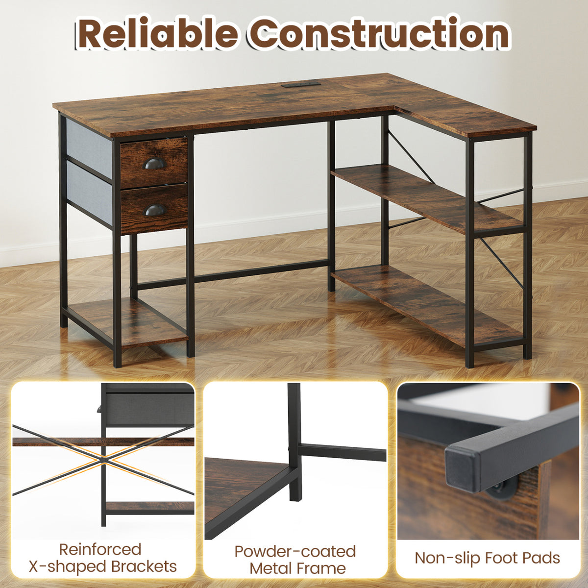 L Shaped Desk with Charging Station Corner Computer Desk with 2 Fabric Drawers