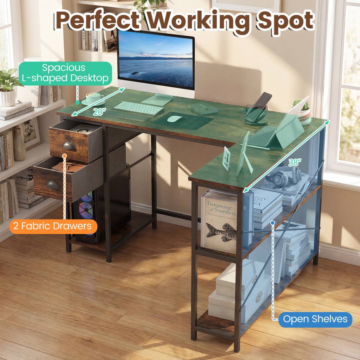 L Shaped Desk with Charging Station Corner Computer Desk with 2 Fabric Drawers