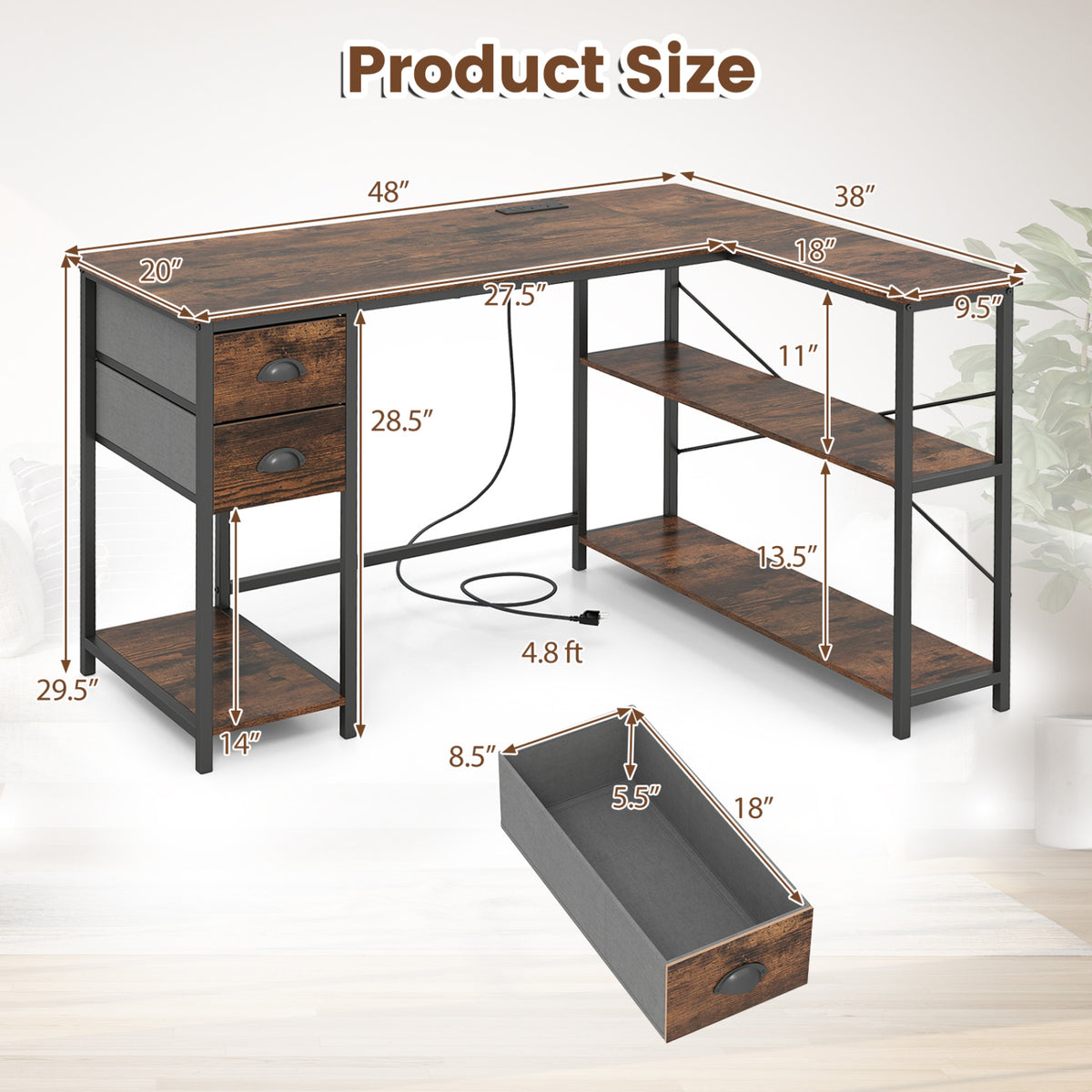 L Shaped Desk with Charging Station Corner Computer Desk with 2 Fabric Drawers