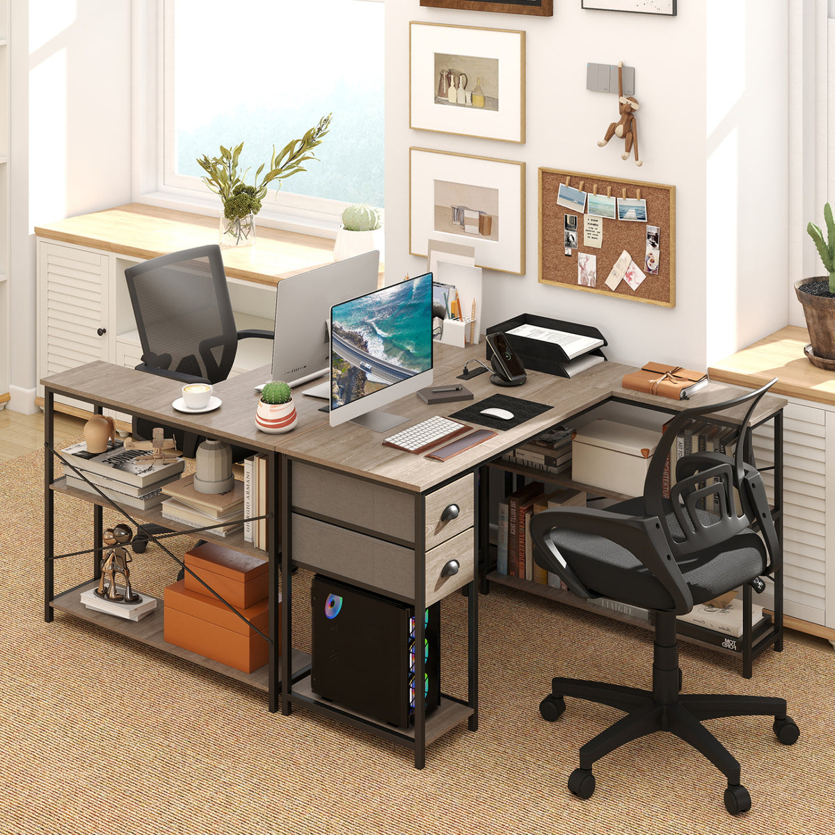 L Shaped Desk with Charging Station Corner Computer Desk with 2 Fabric Drawers