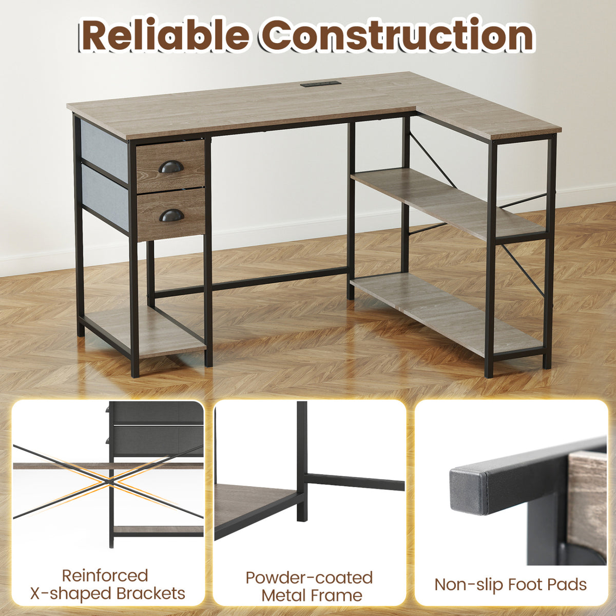 L Shaped Desk with Charging Station Corner Computer Desk with 2 Fabric Drawers