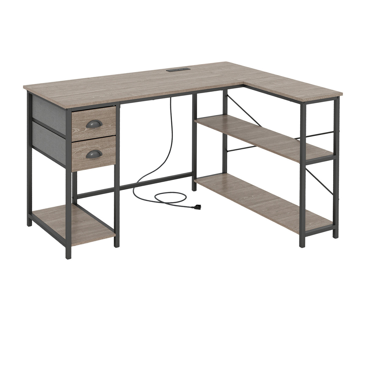 L Shaped Desk with Charging Station Corner Computer Desk with 2 Fabric Drawers