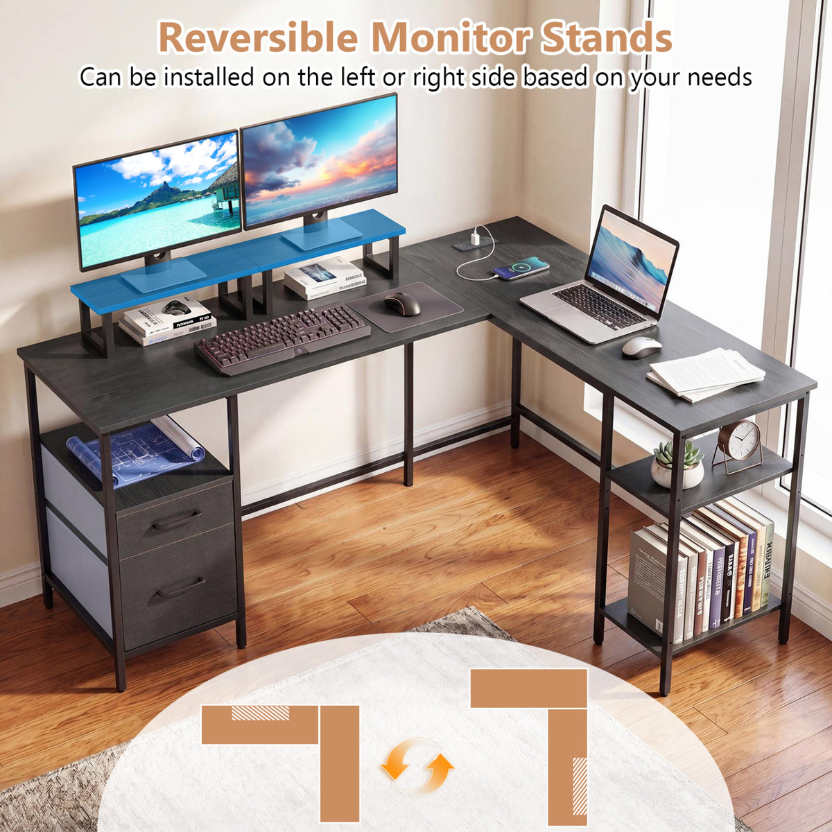 L Shaped Desk with Power Outlet Reversible Computer Desk with Monitor Stands