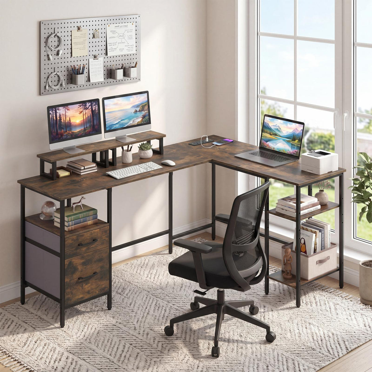 L Shaped Desk with Power Outlet Reversible Computer Desk with Monitor Stands