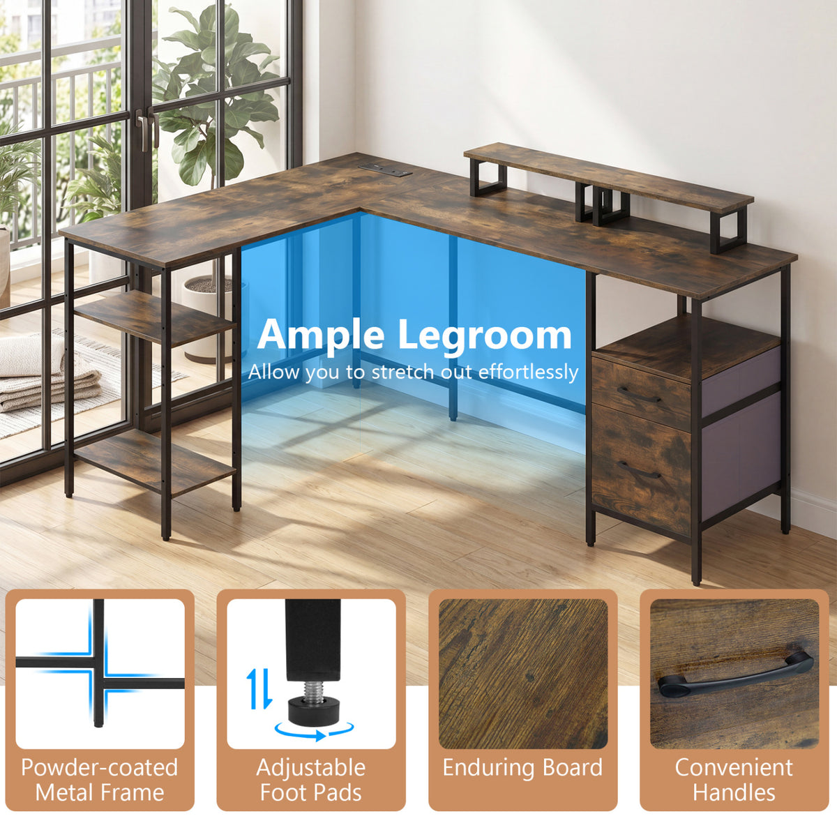 L Shaped Desk with Power Outlet Reversible Computer Desk with Monitor Stands