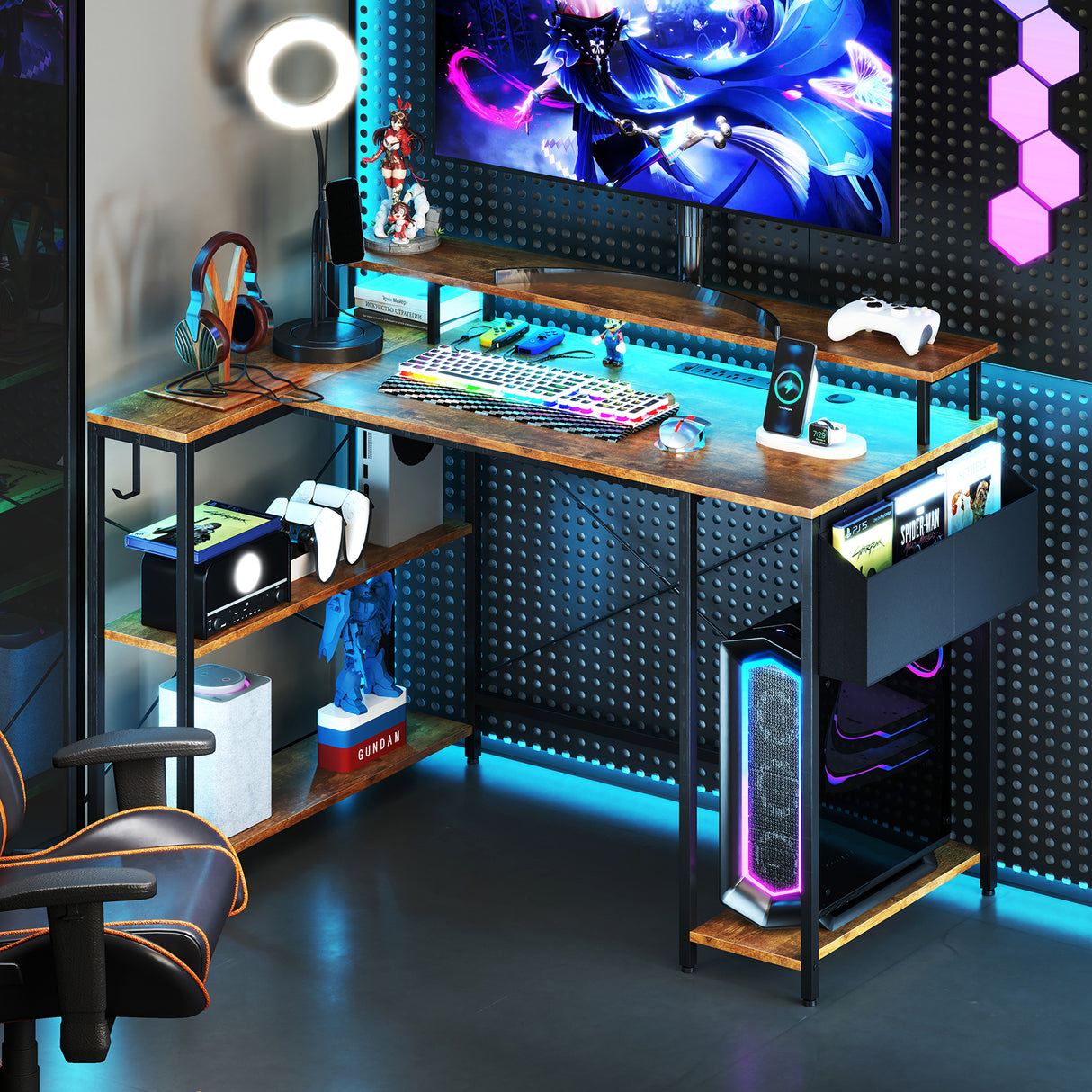 L-Shaped Gaming Desk with LED Lights and Power Outlets
