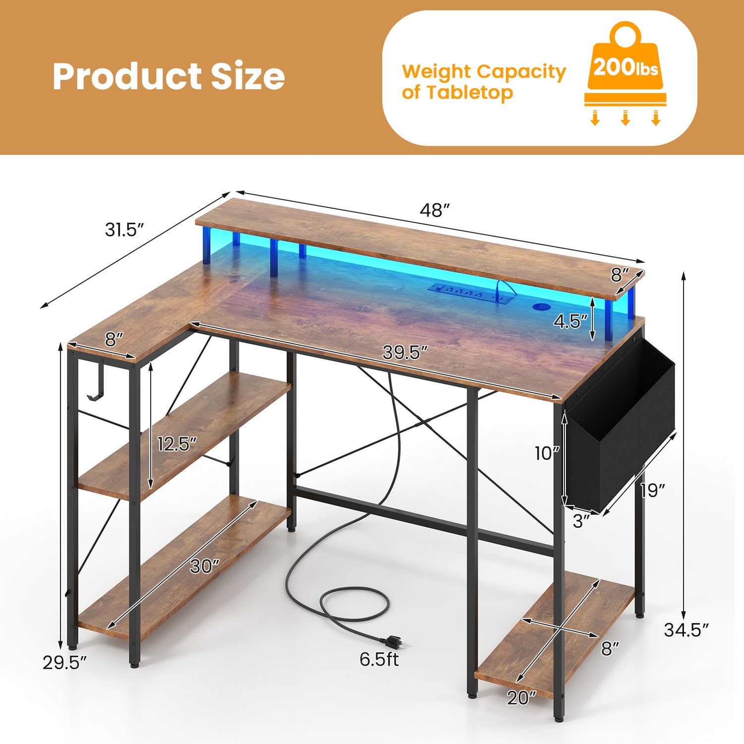 L-Shaped Gaming Desk with LED Lights and Power Outlets