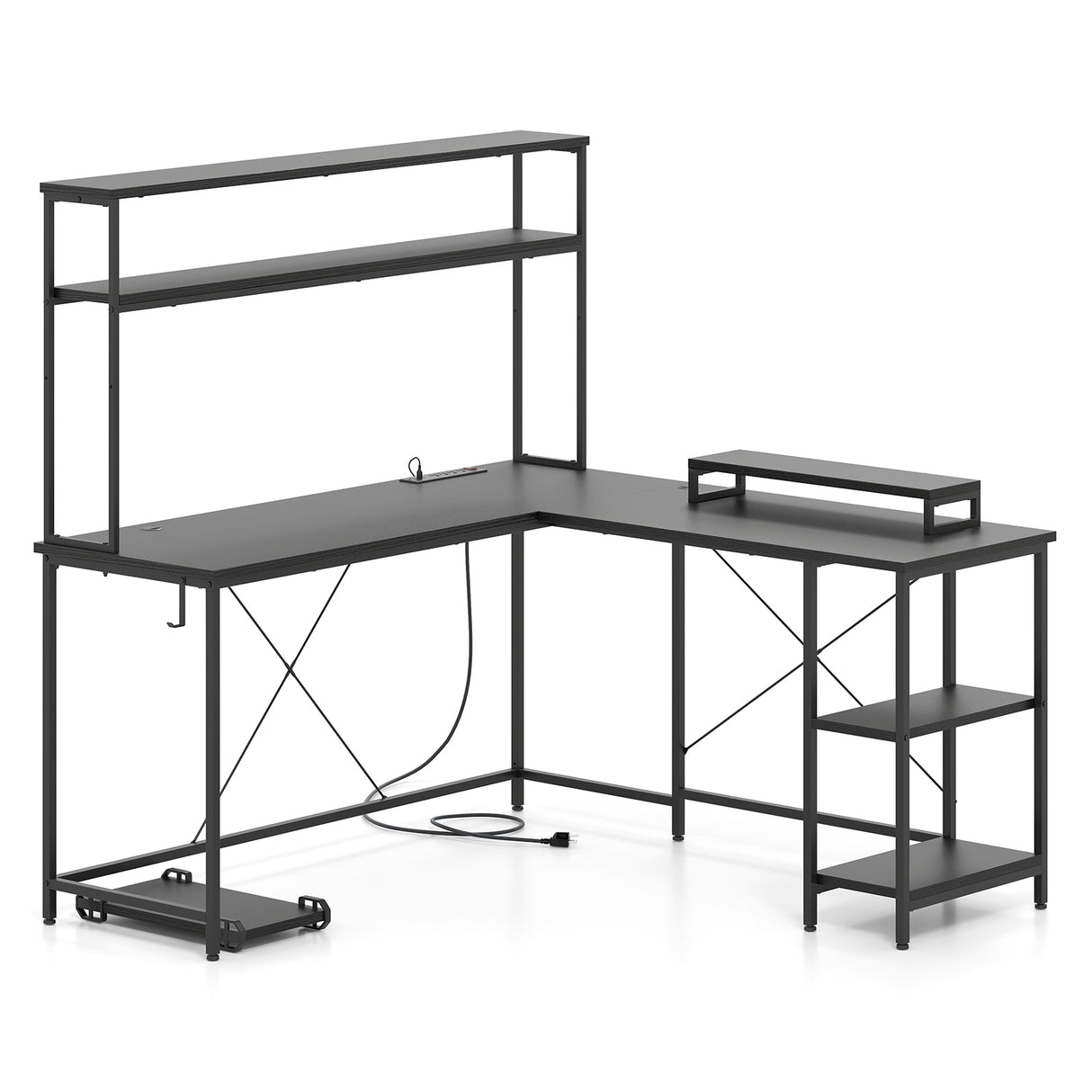 L-Shaped Reversible Gaming Desk with LED Strip and Power Outlets Hutch Monitor Stand