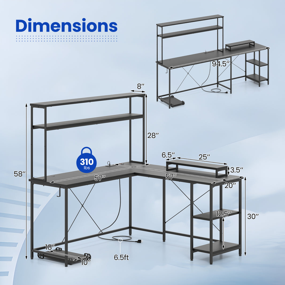 L-Shaped Reversible Gaming Desk with LED Strip and Power Outlets Hutch Monitor Stand