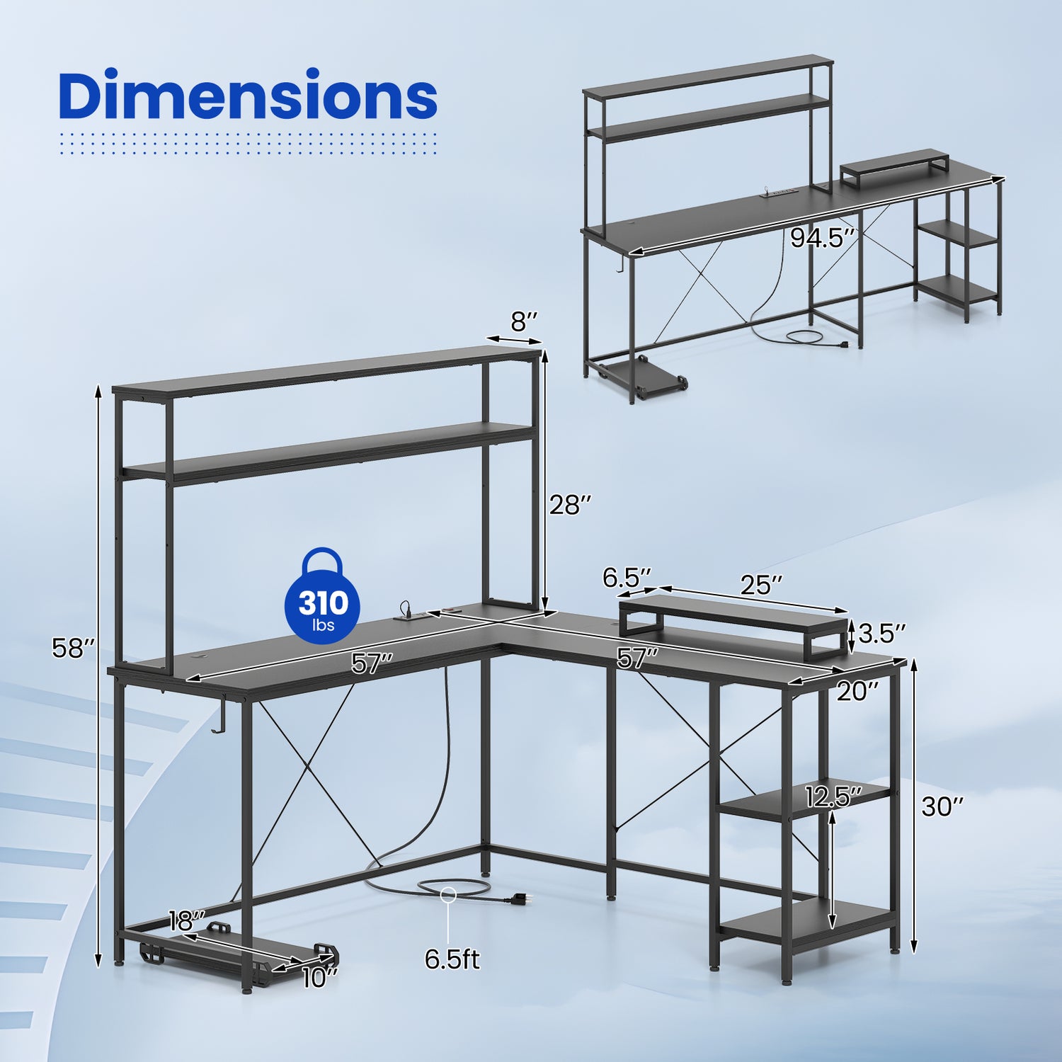 L-Shaped Reversible Gaming Desk with LED Strip and Power Outlets Hutch Monitor Stand