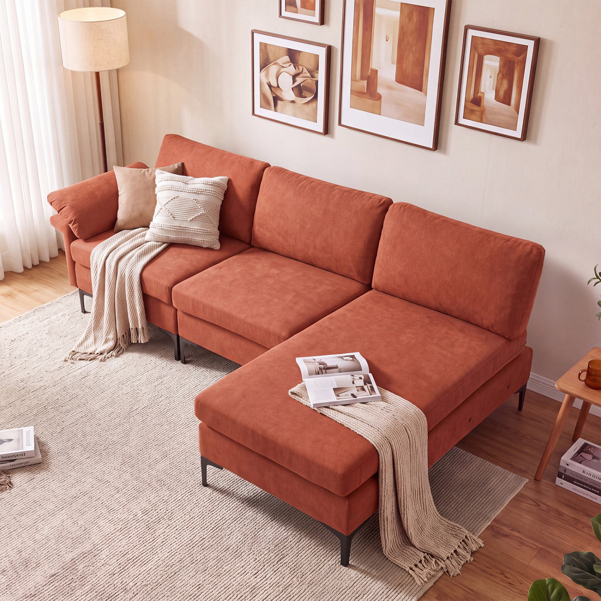 L-Shaped Sectional Sofa Convertible 4-Seater Modular Couch with 2 3-Hole Outlets and 4 USB Ports