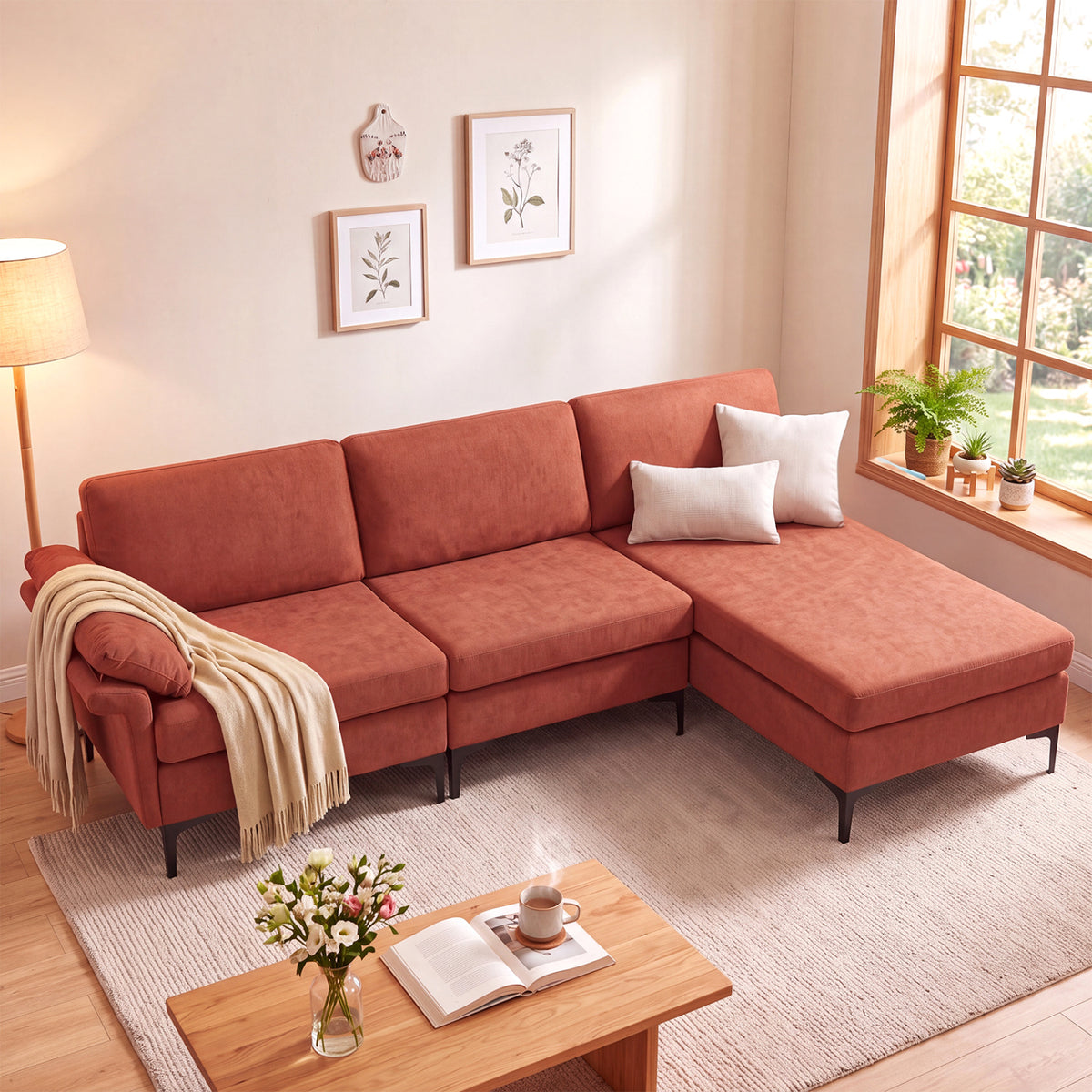 L-Shaped Sectional Sofa Convertible 4-Seater Modular Couch with 2 3-Hole Outlets and 4 USB Ports