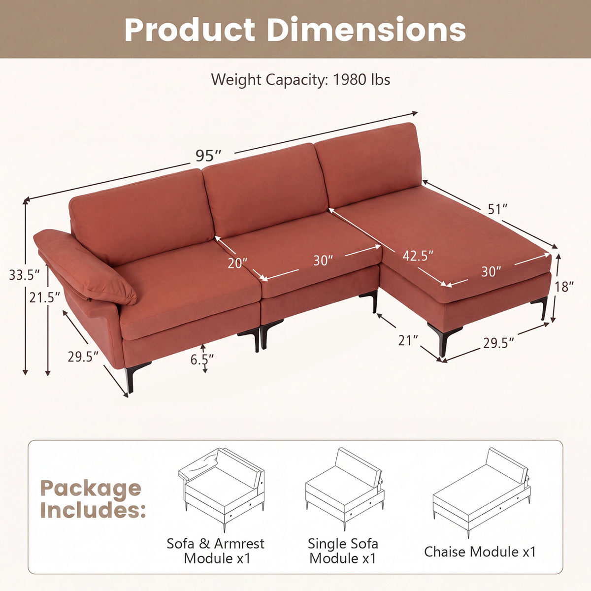 L-Shaped Sectional Sofa Convertible 4-Seater Modular Couch with 2 3-Hole Outlets and 4 USB Ports