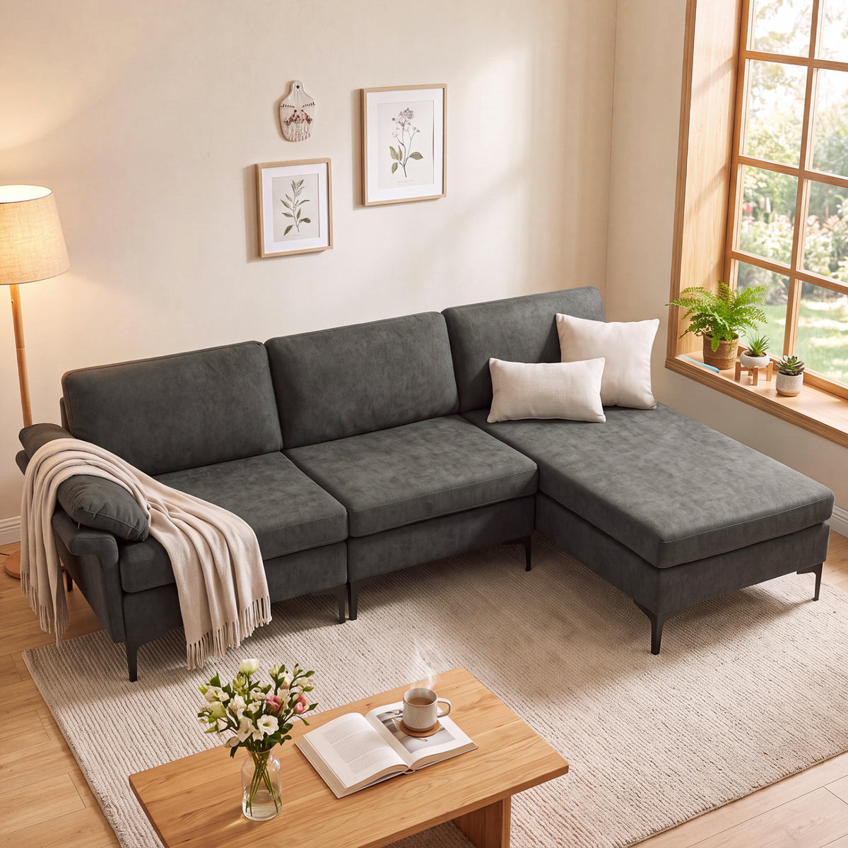 L-Shaped Sectional Sofa Convertible 4-Seater Modular Couch with 2 3-Hole Outlets and 4 USB Ports