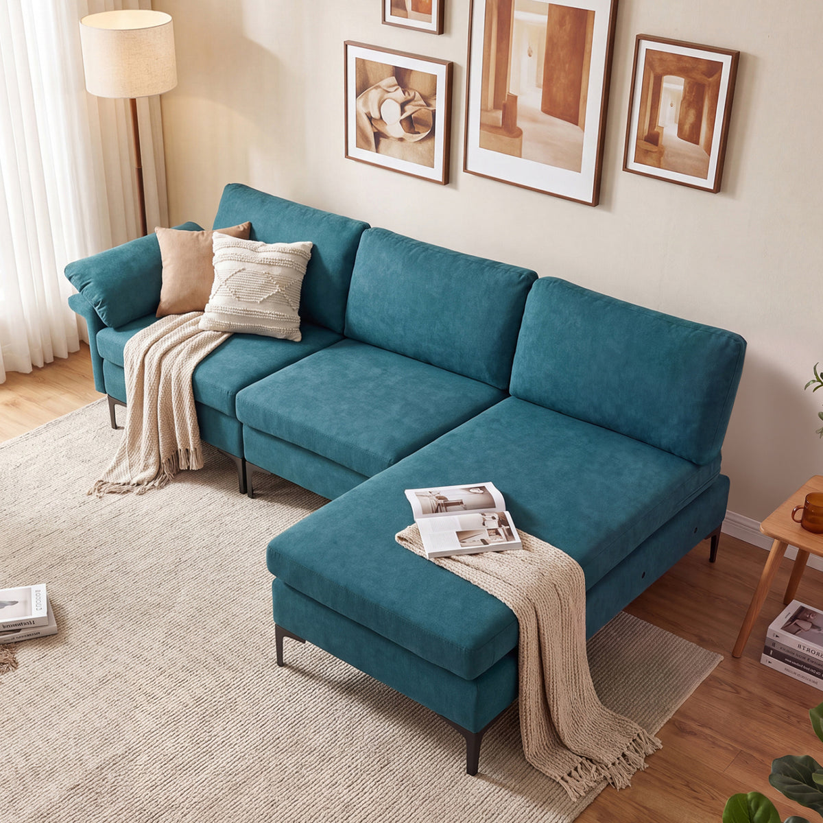 L-Shaped Sectional Sofa Convertible 4-Seater Modular Couch with 2 3-Hole Outlets and 4 USB Ports