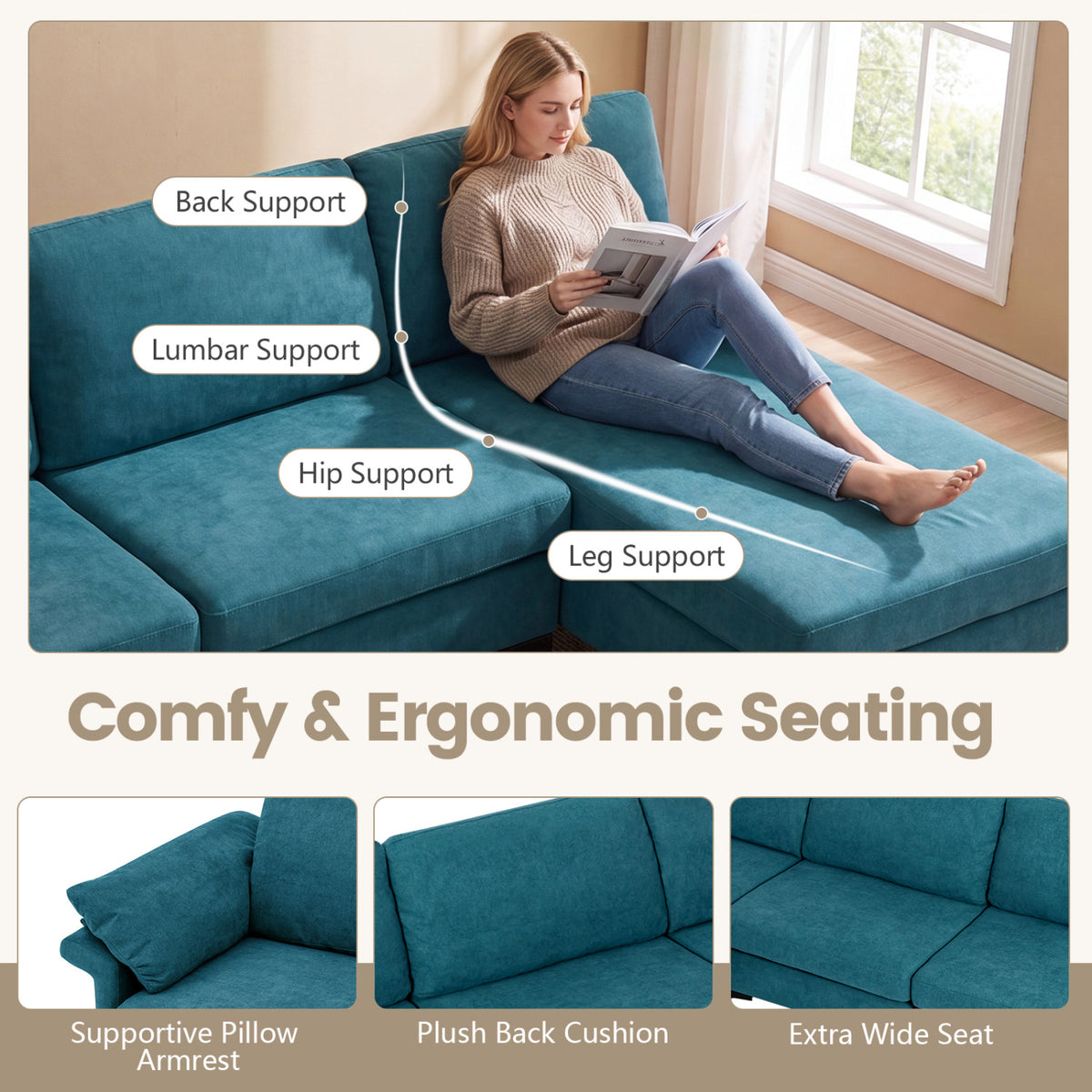 L-Shaped Sectional Sofa Convertible 4-Seater Modular Couch with 2 3-Hole Outlets and 4 USB Ports