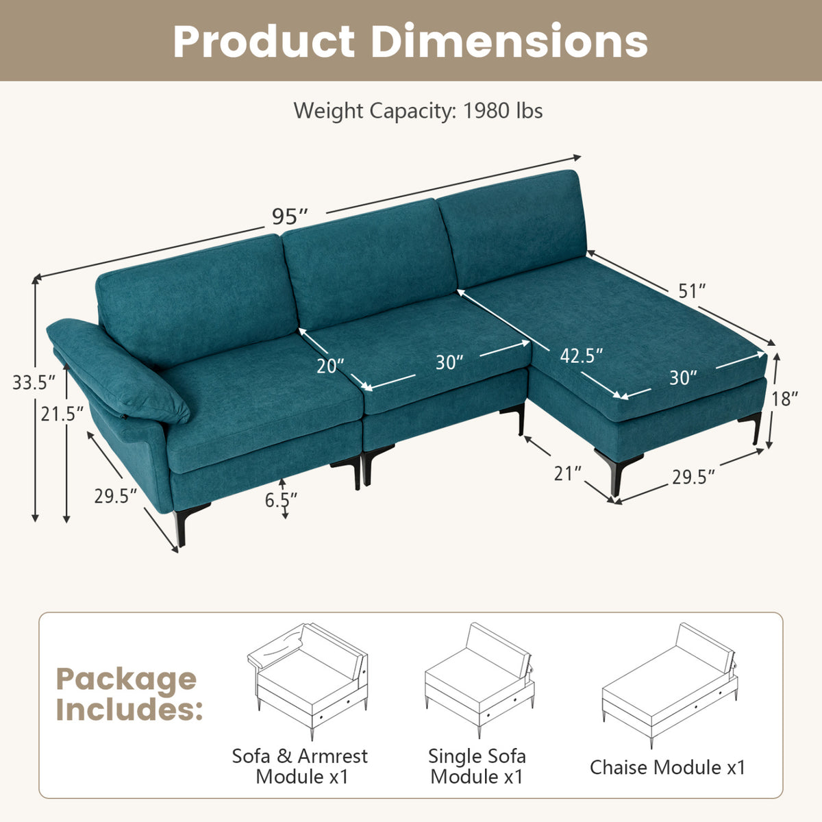 L-Shaped Sectional Sofa Convertible 4-Seater Modular Couch with 2 3-Hole Outlets and 4 USB Ports
