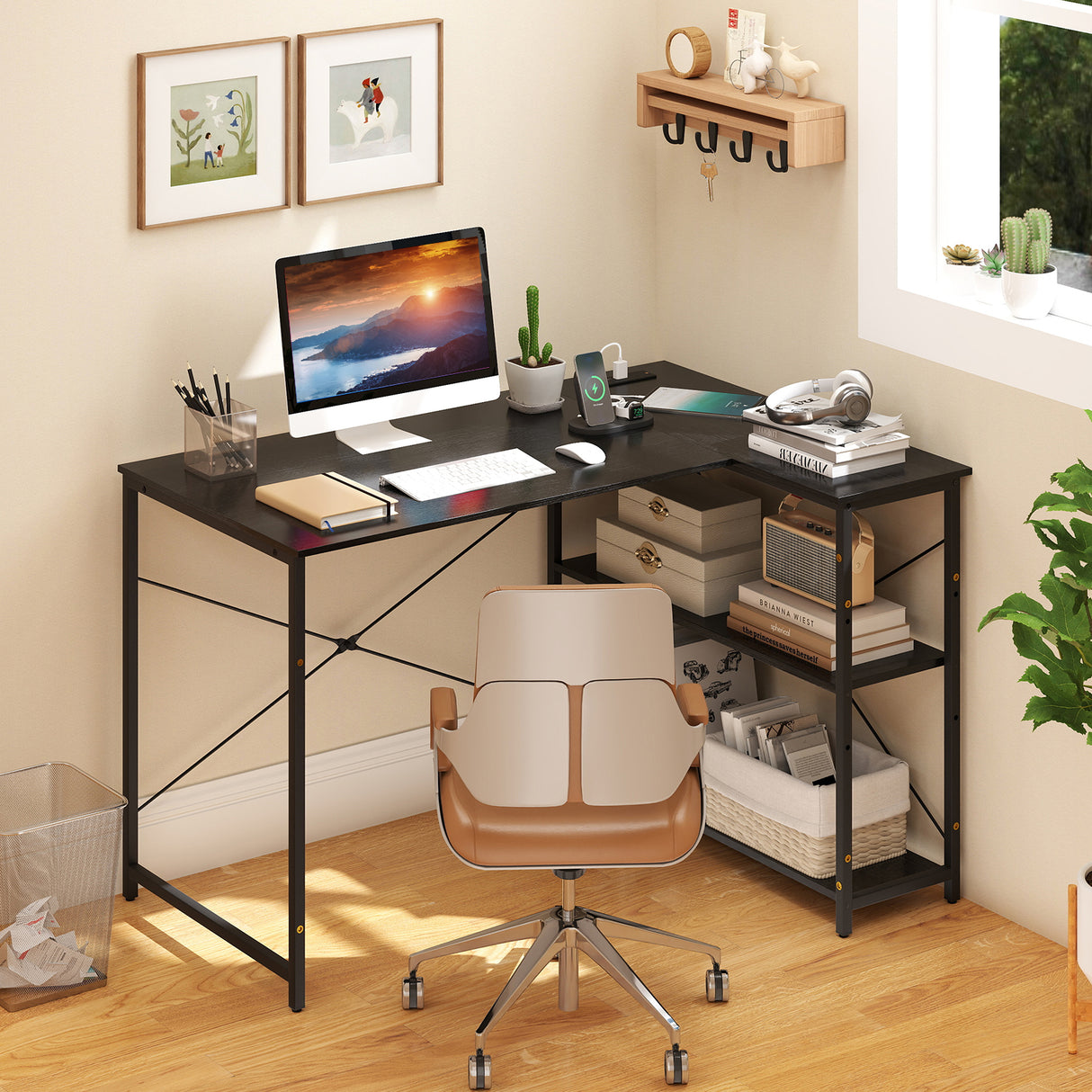 L-shaped 47 Inch Reversible Corner Desk with Adjustable Storage Shelves