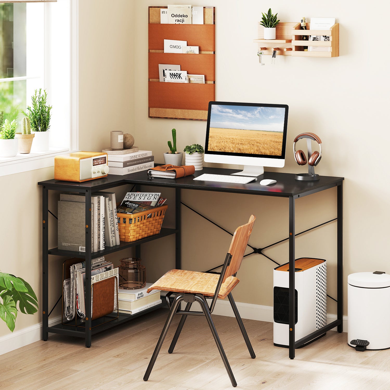 L-shaped 47 Inch Reversible Corner Desk with Adjustable Storage Shelves