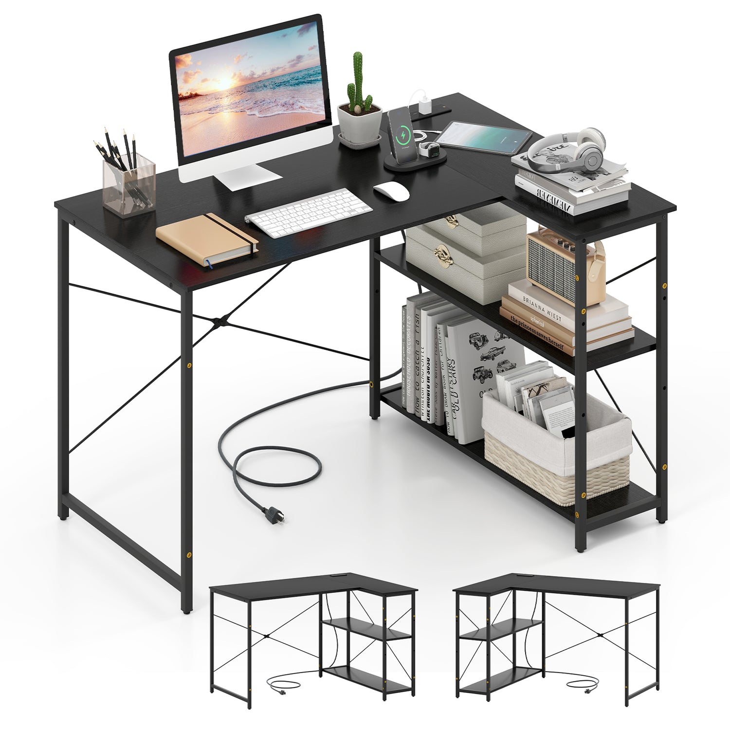 L-shaped 47 Inch Reversible Corner Desk with Adjustable Storage Shelves