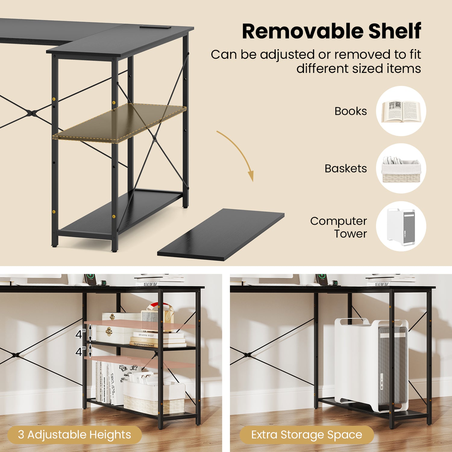 L-shaped 47 Inch Reversible Corner Desk with Adjustable Storage Shelves