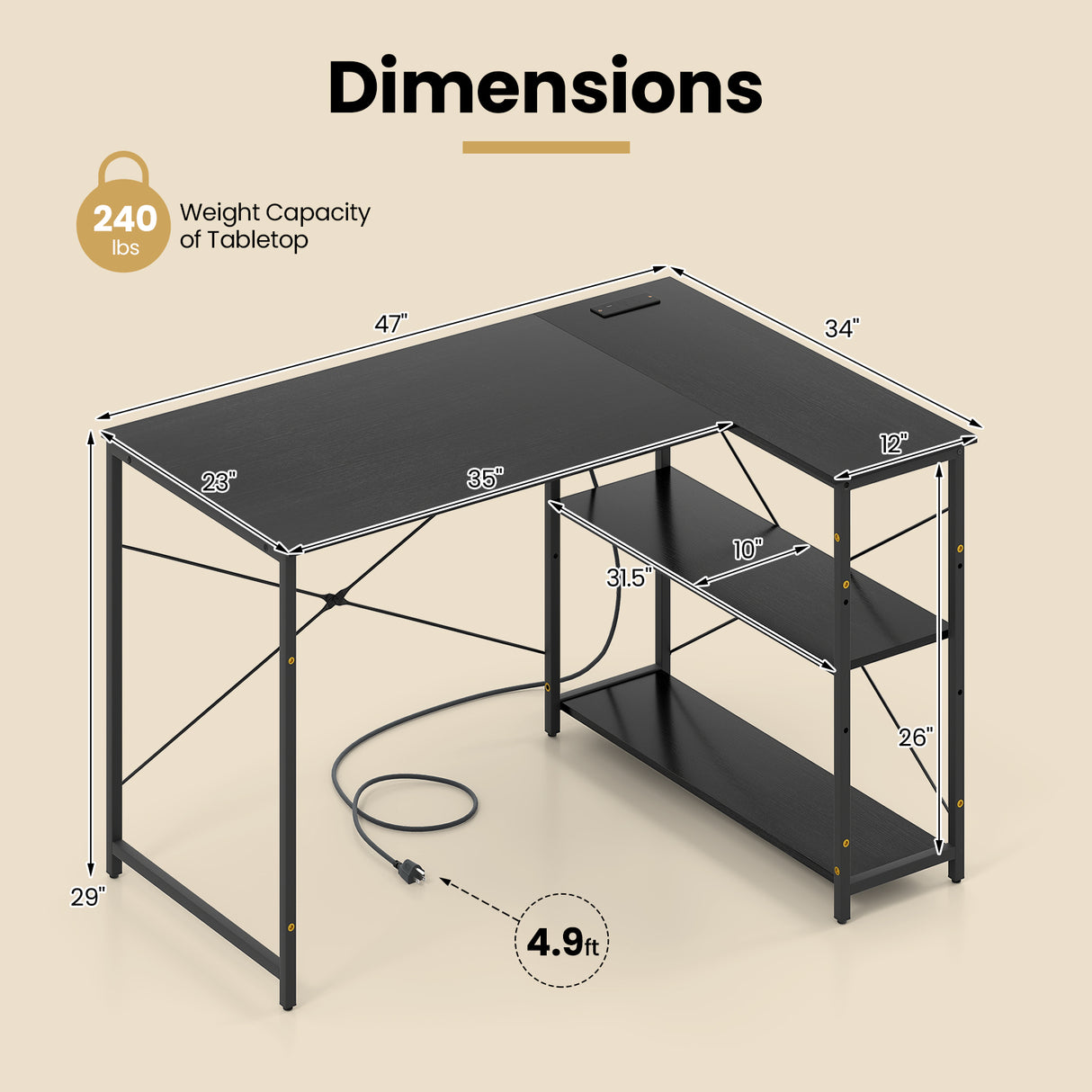 L-shaped 47 Inch Reversible Corner Desk with Adjustable Storage Shelves