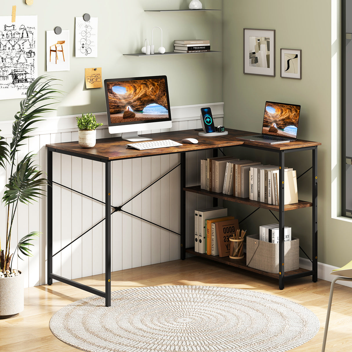 L-shaped 47 Inch Reversible Corner Desk with Adjustable Storage Shelves