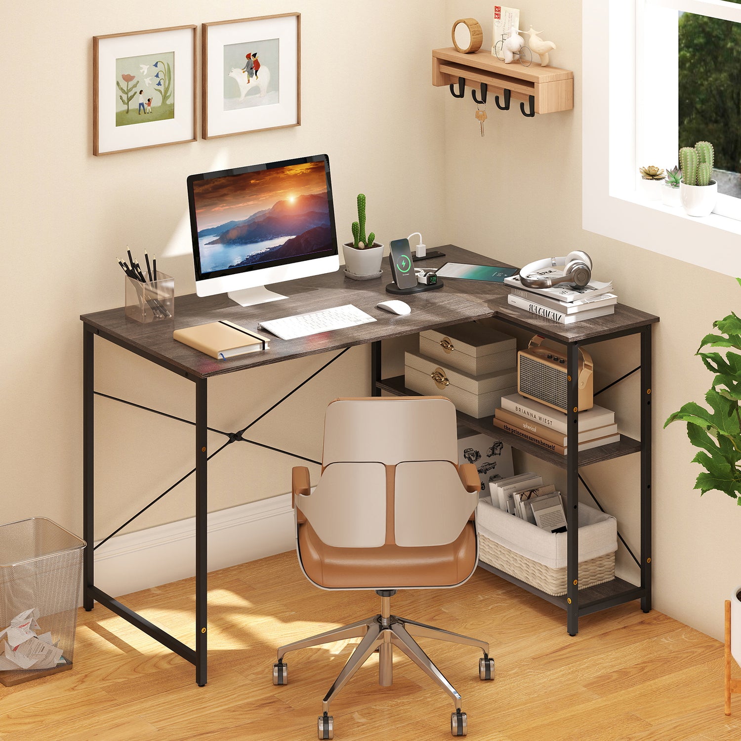 L-shaped 47 Inch Reversible Corner Desk with Adjustable Storage Shelves